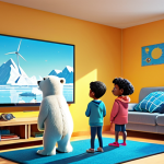 **

A group of diverse children are gathered around a screen, eyes wide with wonder, watching a climate change animation featuring a cartoon polar bear standing on a small iceberg with sad eyes. Bright colors and a hopeful, cartoonish depiction of renewable energy sources (solar panels, wind turbines) in the background balance the seriousness of the scene. The setting is a cozy living room.

**