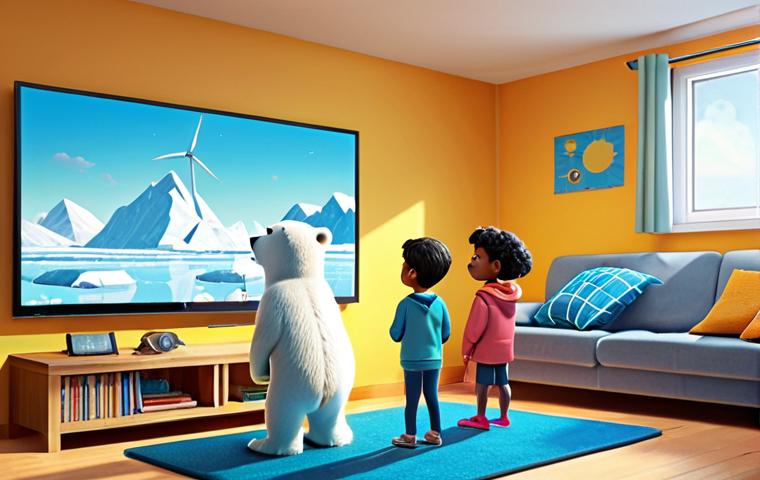 **
A group of diverse children are gathered around a screen, eyes wide with wonder, watching a climate change animation featuring a cartoon polar bear standing on a small iceberg with sad eyes. Bright colors and a hopeful, cartoonish depiction of renewable energy sources (solar panels, wind turbines) in the background balance the seriousness of the scene. The setting is a cozy living room.
**