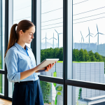 A curious young student, fully clothed in a modest, smart casual outfit, stands in a brightly lit, modern living room. They are looking intently at a tablet displaying a simplified, interactive energy consumption graph. In the background, through a large window, a subtle depiction of an urban landscape with power lines and a distant, clean energy power plant can be seen. The scene is well-composed with a clean aesthetic, conveying a sense of learning and understanding. Safe for work, appropriate content, fully clothed, professional, perfect anatomy, correct proportions, natural pose, well-formed hands, proper finger count, natural body proportions, professional photography, high quality.