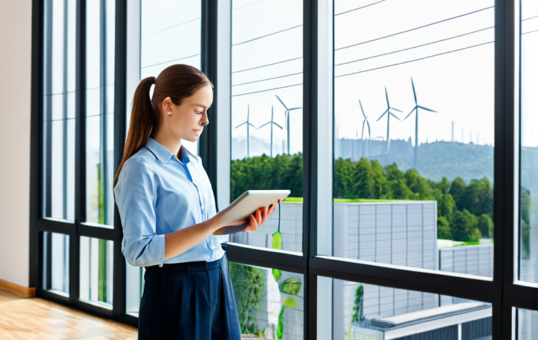 A curious young student, fully clothed in a modest, smart casual outfit, stands in a brightly lit, modern living room. They are looking intently at a tablet displaying a simplified, interactive energy consumption graph. In the background, through a large window, a subtle depiction of an urban landscape with power lines and a distant, clean energy power plant can be seen. The scene is well-composed with a clean aesthetic, conveying a sense of learning and understanding. Safe for work, appropriate content, fully clothed, professional, perfect anatomy, correct proportions, natural pose, well-formed hands, proper finger count, natural body proportions, professional photography, high quality.