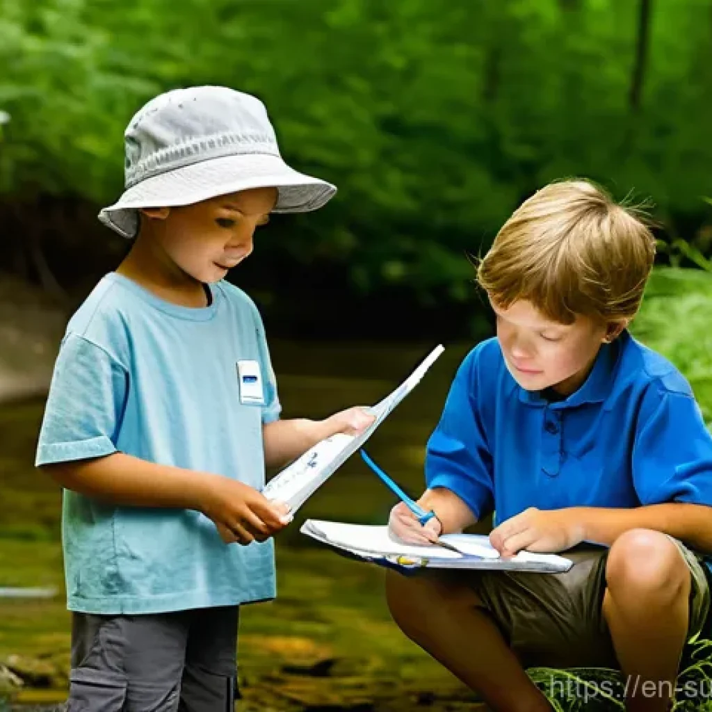 어린이 환경 감시단 조직하기 - **Prompt 1: Young Citizen Scientists at a Stream**
    "A group of diverse children, aged 8-12, are ...