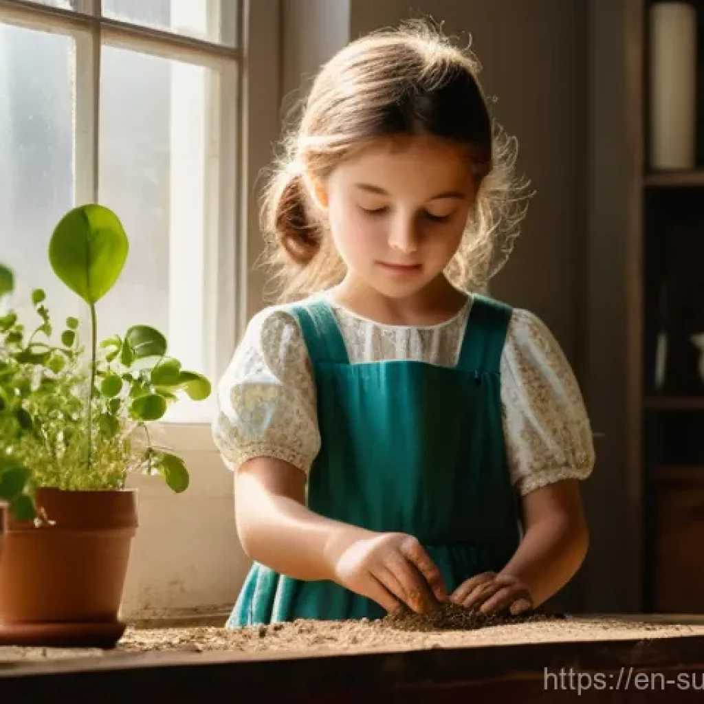 어린이와 함께하는 식물 재배 프로젝트 - A bright, warm, and inviting scene with a curious young girl, around 6 years old, fully clothed in a...