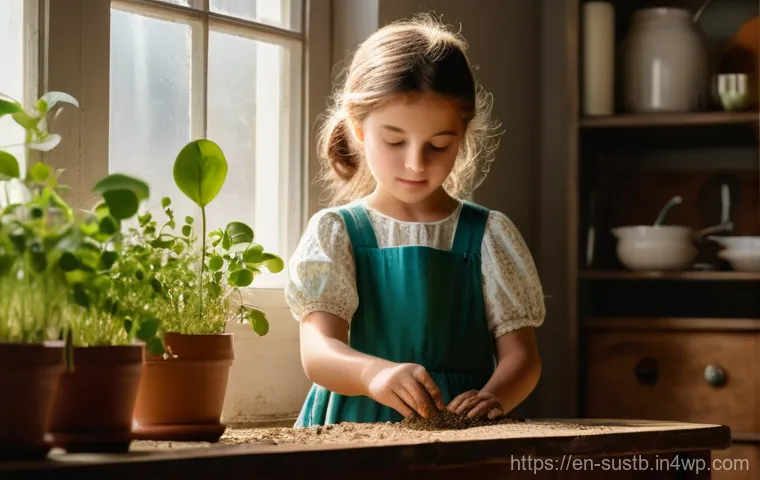 어린이와 함께하는 식물 재배 프로젝트 - A bright, warm, and inviting scene with a curious young girl, around 6 years old, fully clothed in a...
