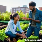 지속가능성 교육을 위한 현장 학습 - **Urban Farm Discovery:** A diverse group of young adults, dressed in practical, casual clothing (su...