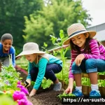 지속가능성 교육을 위한 자료 공유 - **Prompt:** A diverse group of cheerful elementary school children, aged 8-10, actively engaged in a...