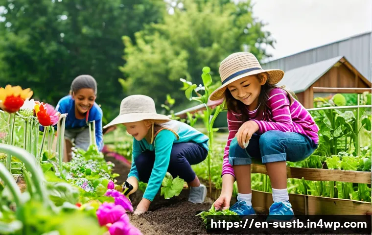 지속가능성 교육을 위한 자료 공유 - **Prompt:** A diverse group of cheerful elementary school children, aged 8-10, actively engaged in a...