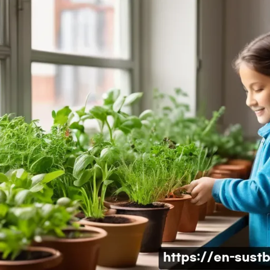 어린이를 위한 교실 내 환경 프로젝트 - **Classroom Herb Garden:** A brightly lit elementary school classroom. Several young children, weari...