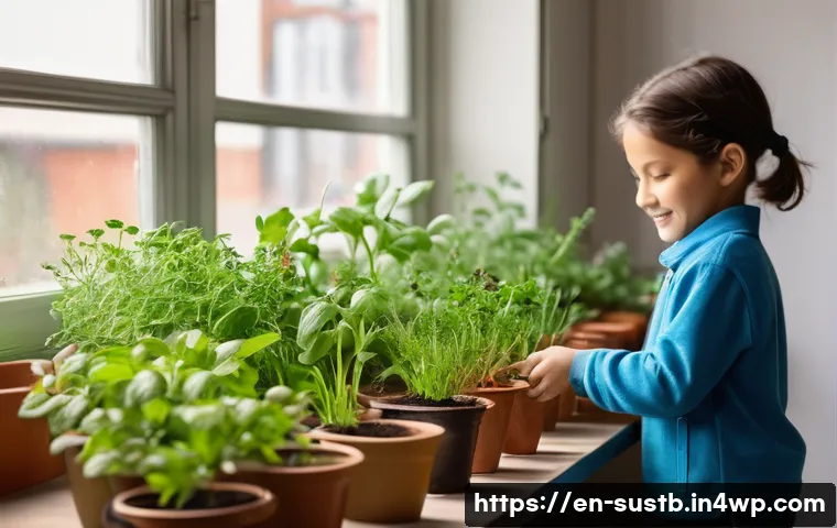 어린이를 위한 교실 내 환경 프로젝트 - **Classroom Herb Garden:** A brightly lit elementary school classroom. Several young children, weari...
