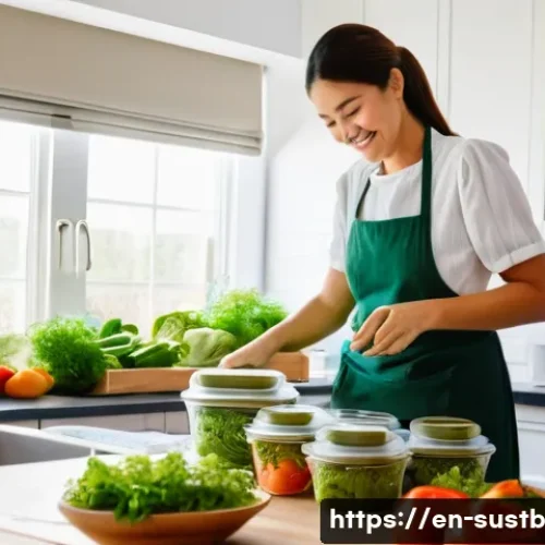 지속가능한 소비 습관 기르기 - A cozy, sunlit kitchen scene showcasing a person storing leftovers in reusable airtight glass contai...