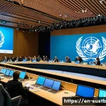 지속가능성 관련 국제 행사 소개 - A vibrant scene at a United Nations Climate Change Conference (COP), showing a diverse group of gove...