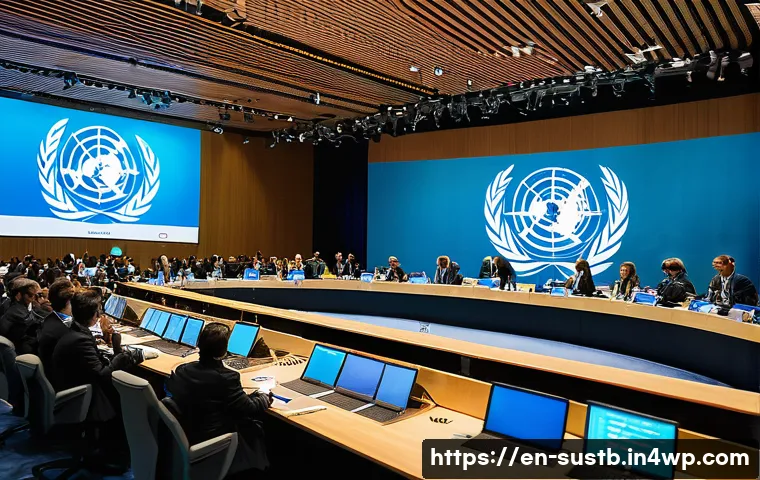 지속가능성 관련 국제 행사 소개 - A vibrant scene at a United Nations Climate Change Conference (COP), showing a diverse group of gove...