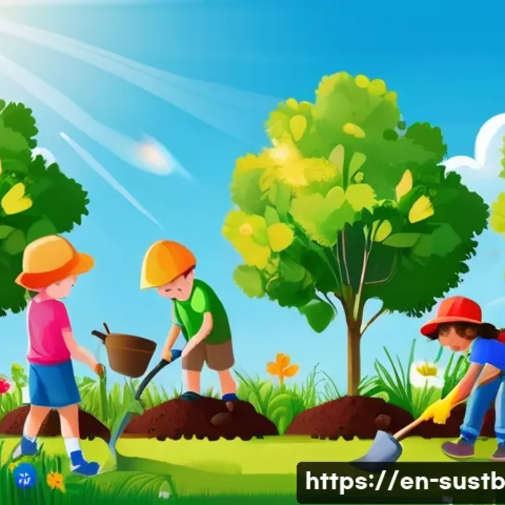 어린이와 함께하는 월드 환경의 날 - A cheerful scene of a diverse group of children aged 5 to 7 planting young trees in a sunny communit...