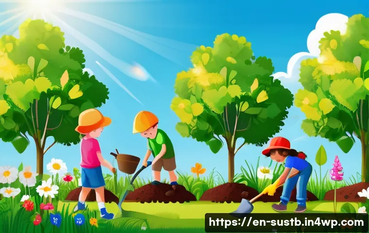 어린이와 함께하는 월드 환경의 날 - A cheerful scene of a diverse group of children aged 5 to 7 planting young trees in a sunny communit...