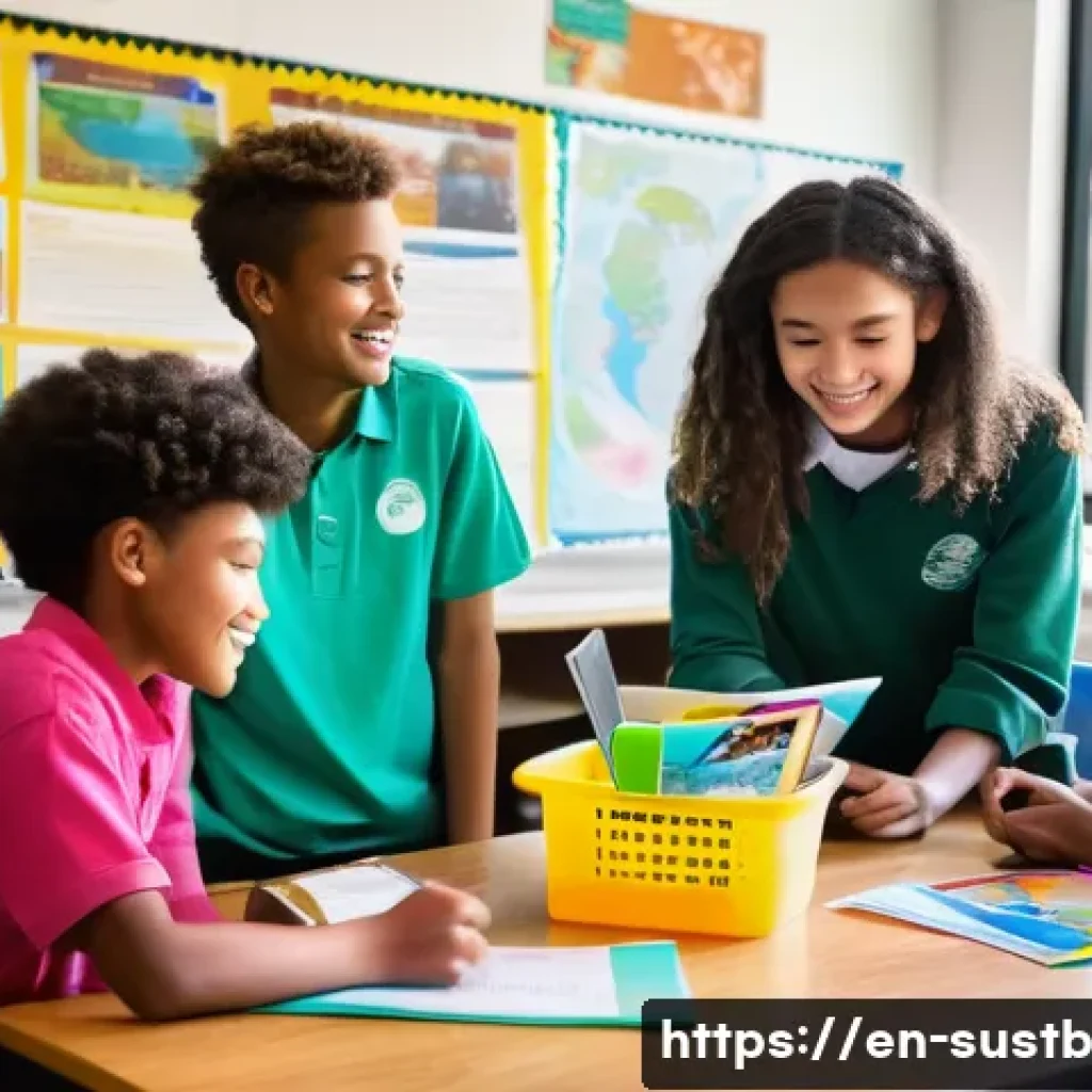 지속가능한 교육에 대한 교사의 관점 - A vibrant classroom scene where diverse middle school students collaborate on a sustainability proje...