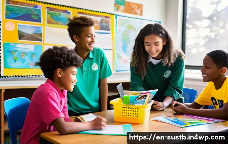 지속가능한 교육에 대한 교사의 관점 - A vibrant classroom scene where diverse middle school students collaborate on a sustainability proje...