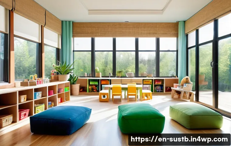 어린이와 함께하는 지속 가능한 건축 - A bright, spacious children's playroom bathed in natural sunlight streaming through large operable w...