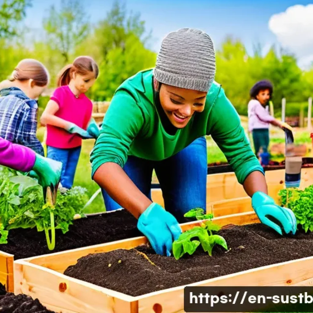 지속가능성 교육을 위한 기초 자료 - A diverse group of children and adults participating in a vibrant community garden project on a sunn...