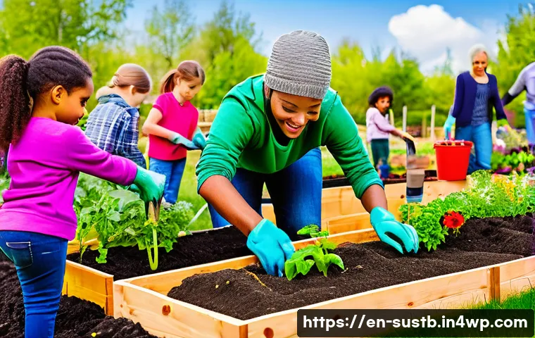 지속가능성 교육을 위한 기초 자료 - A diverse group of children and adults participating in a vibrant community garden project on a sunn...