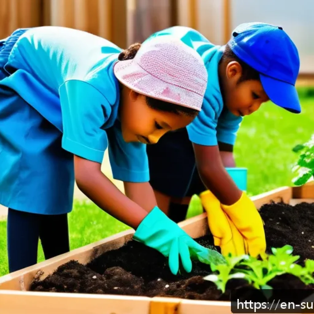 어린이와 함께하는 환경 보호 정책 - A vibrant school garden scene featuring diverse children wearing casual clothes and gardening gloves...