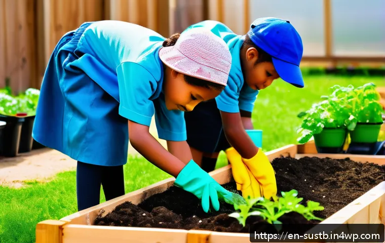어린이와 함께하는 환경 보호 정책 - A vibrant school garden scene featuring diverse children wearing casual clothes and gardening gloves...