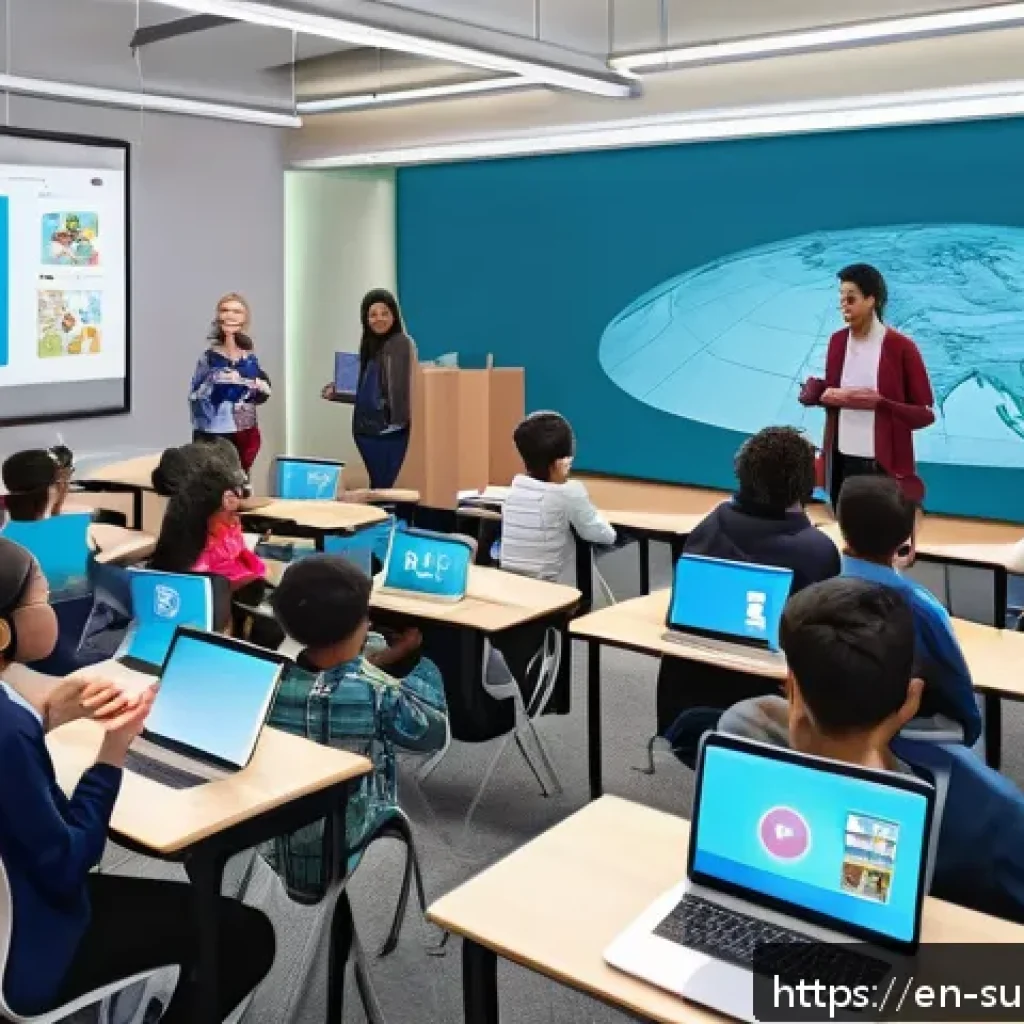 지속 가능한 교육을 위한 국제 협력 - A vibrant virtual classroom scene showing diverse students from multiple continents interacting thro...