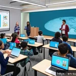 Home 21 지속 가능한 교육을 위한 국제 협력 - A vibrant virtual classroom scene showing diverse students from multiple continents interacting thro...