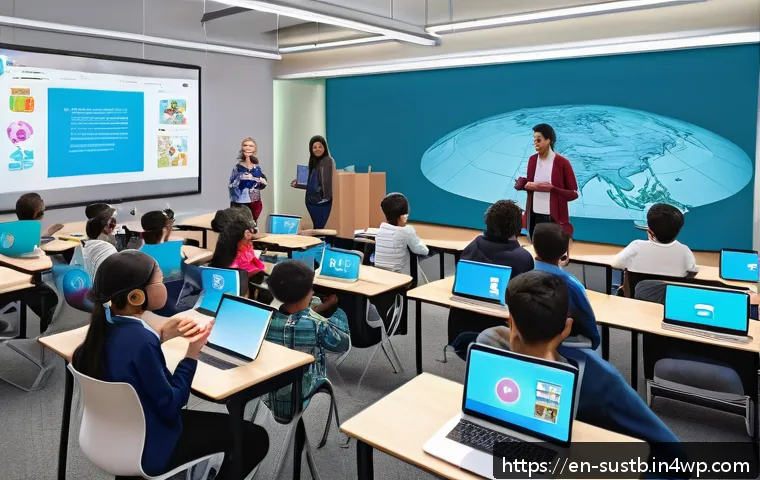 지속 가능한 교육을 위한 국제 협력 - A vibrant virtual classroom scene showing diverse students from multiple continents interacting thro...