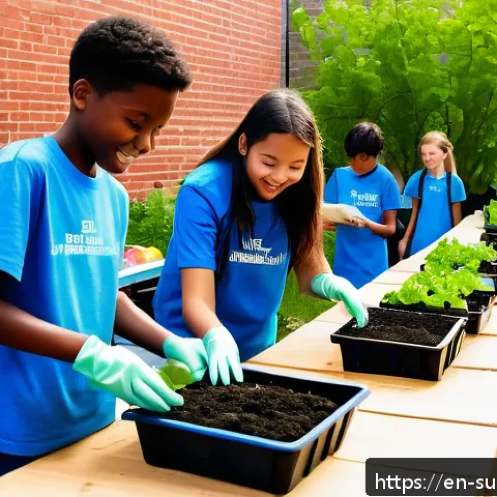 지속가능성 교육의 실제 적용 사례 - A vibrant urban school garden scene with diverse students, aged 12-16, wearing casual clothes and gl...
