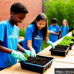 Home 20 지속가능성 교육의 실제 적용 사례 - A vibrant urban school garden scene with diverse students, aged 12-16, wearing casual clothes and gl...