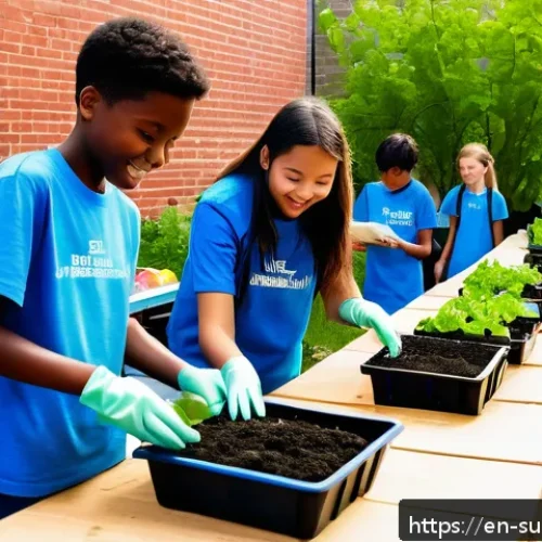 Home 32 지속가능성 교육의 실제 적용 사례 - A vibrant urban school garden scene with diverse students, aged 12-16, wearing casual clothes and gl...