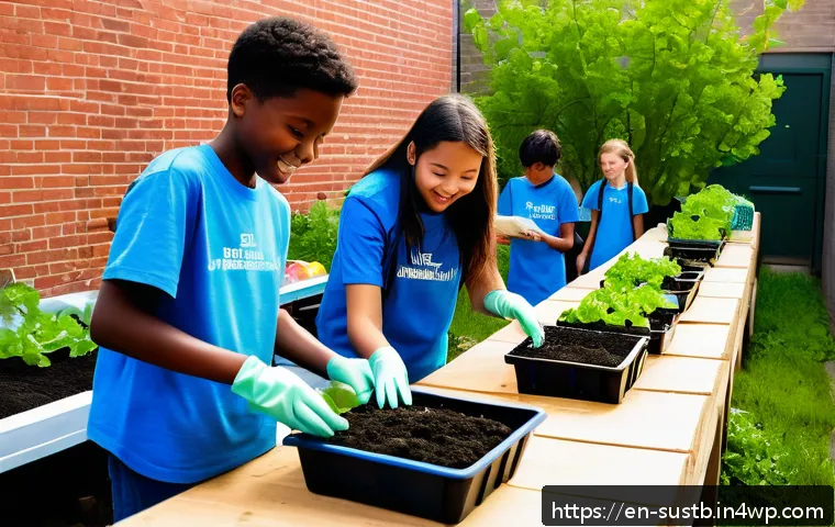 지속가능성 교육의 실제 적용 사례 - A vibrant urban school garden scene with diverse students, aged 12-16, wearing casual clothes and gl...