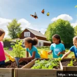Home 19 지속가능한 미래를 위한 어린이 역할 - A diverse group of children aged 8-12 wearing casual clothes and eco-friendly themed t-shirts, activ...