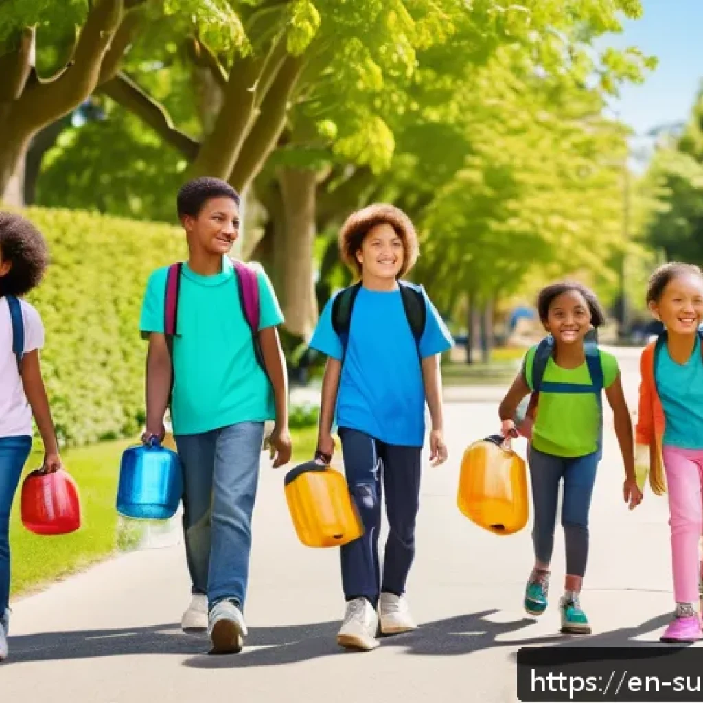 어린이를 위한 기후 행동 계획 세우기 - A cheerful group of diverse children aged 7-10, wearing colorful casual clothes and reusable water b...