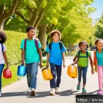 Home 18 어린이를 위한 기후 행동 계획 세우기 - A cheerful group of diverse children aged 7-10, wearing colorful casual clothes and reusable water b...