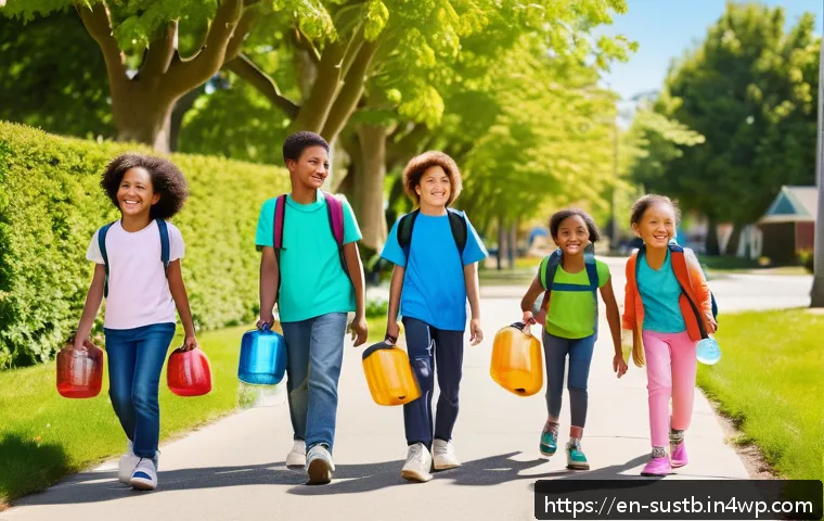 어린이를 위한 기후 행동 계획 세우기 - A cheerful group of diverse children aged 7-10, wearing colorful casual clothes and reusable water b...