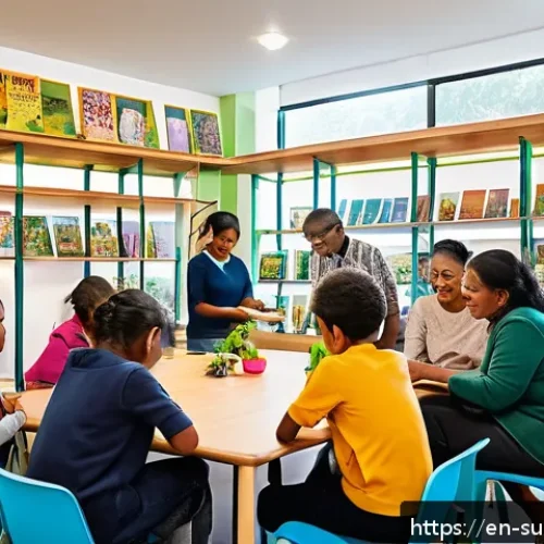Home 17 지속 가능한 교육의 사회적 영향 - A vibrant community center bustling with diverse people of all ages engaged in lifelong learning act...