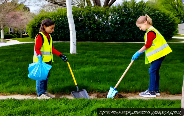 Home 17 어린이와 함께하는 커뮤니티 청소 활동 - Photorealistic community park cleanup with diverse children ages 7–12 wearing bright safety vests an...